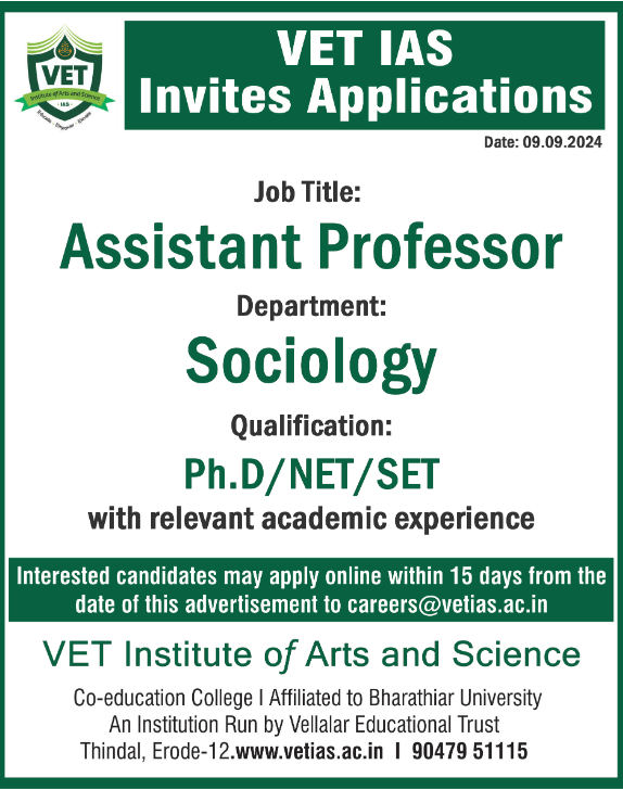 VET Institute of Arts and Science Recruitment 2024
