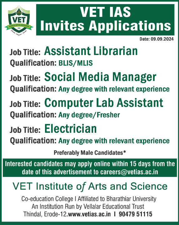 VET Institute of Arts and Science non-teaching jobs 2024