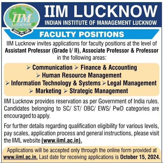 IIM Lucknow Faculty Recruitment 2024 job notification