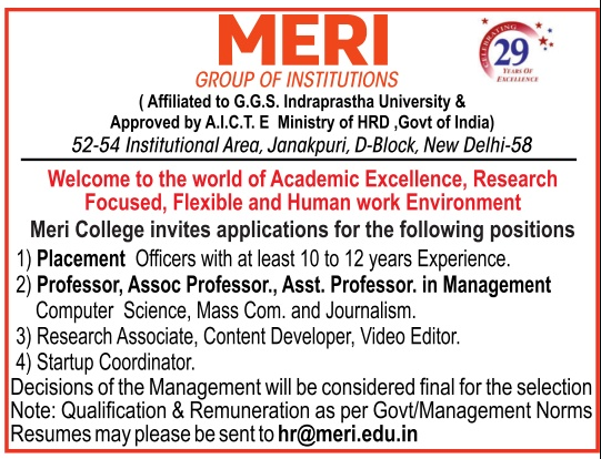 Faculty Jobs at MERI Group of Institutions New Delhi for 2024