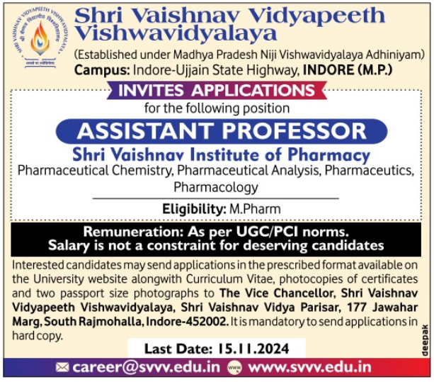 Shri Vaishnav Vidyapeeth Vishwavidyalaya Assistant Professor Recruitment for 2024