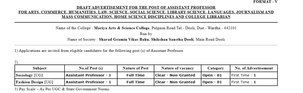 Vacancy in Sociology and Fashion Design at Mariya Arts and Science College
