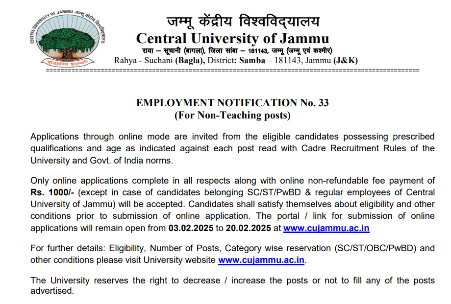 Central University of Jammu Recruitment Non-Teaching Posts