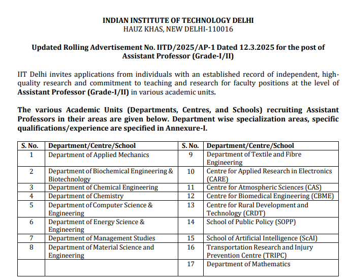 IIT Delhi Faculty Recruitment for Assistant Professors
