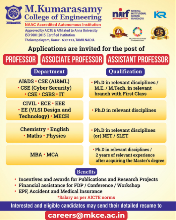 M.Kumarasamy College Engineering Faculty Openings 2025