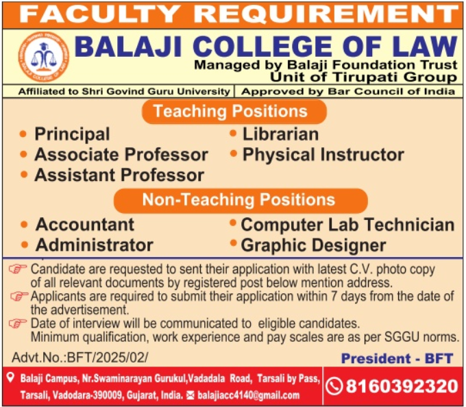 Teaching & Non-Teaching Jobs at Balaji College of Law