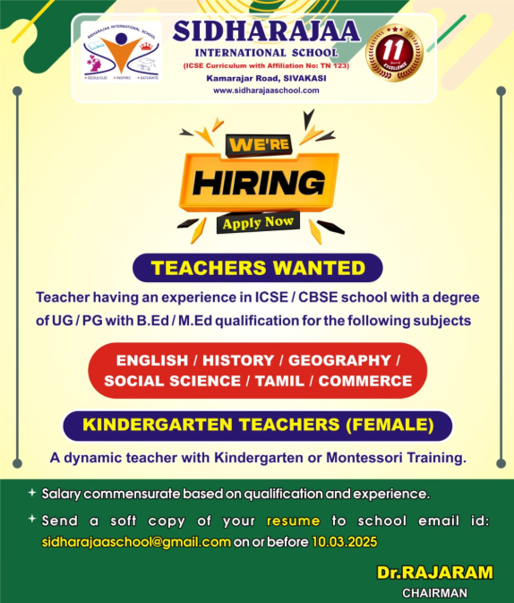 Sidharajaa International School Sivakasi Teacher Recruitment 2025