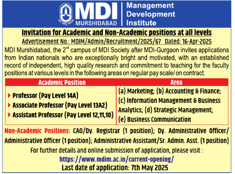 MDI Murshidabad Faculty Recruitment 2025