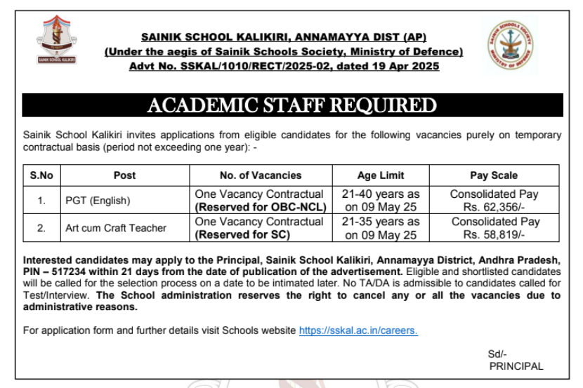 Sainik School Kalikiri Andhra Pradesh for PGT and Art and Craft Teacher