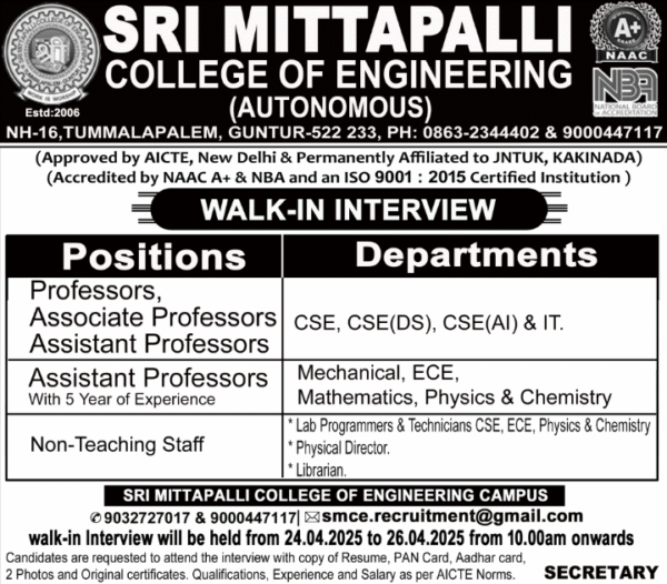 Sri Mittapalli College of Engineering Announces Walk-In Interviews for ...