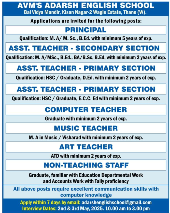 Teaching Jobs at AVM Adarsh English School Thane