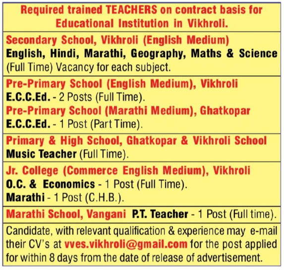 Teacher Faculty Jobs at Vikroli Vikas Education Society