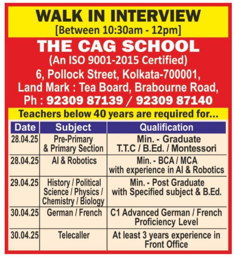 CAG School Walk-in Interview for Teaching Jobs Kolkata