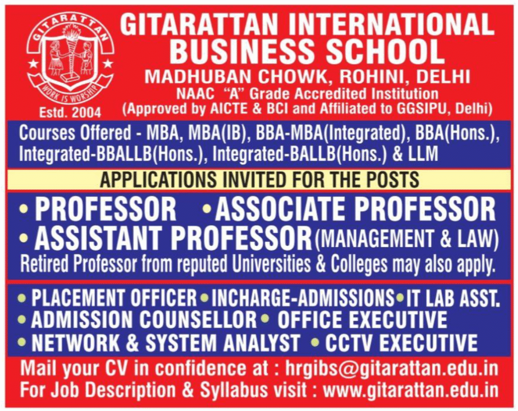 Gitarattan International Business School Faculty and Staff Recruitment 2025