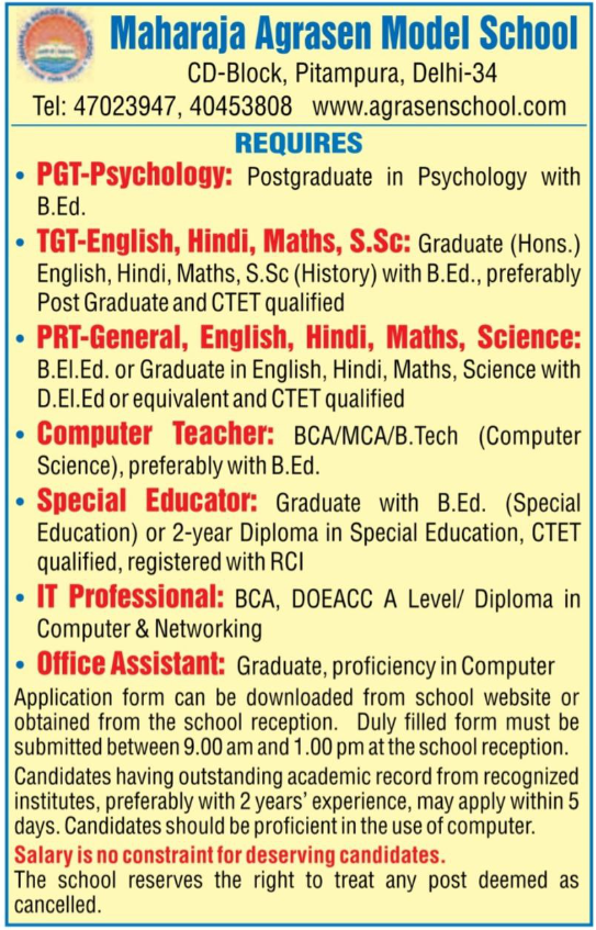 Maharaja Agrasen Model School Recruitment for Teaching and Non-Teaching Staff
