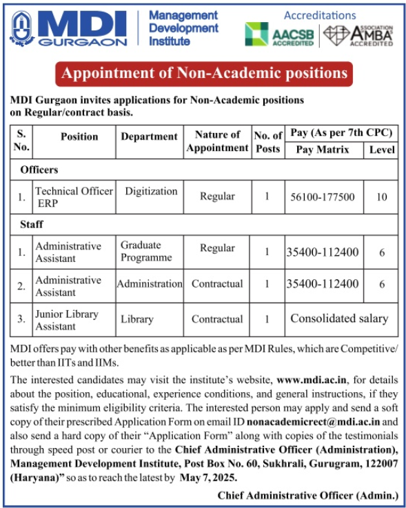 Non-Academic Positions at Management Development Institute Gurgaon