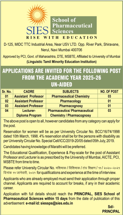 SIES School of Pharmaceutical Sciences Navi Mumbai Hiring for Teaching Faculty