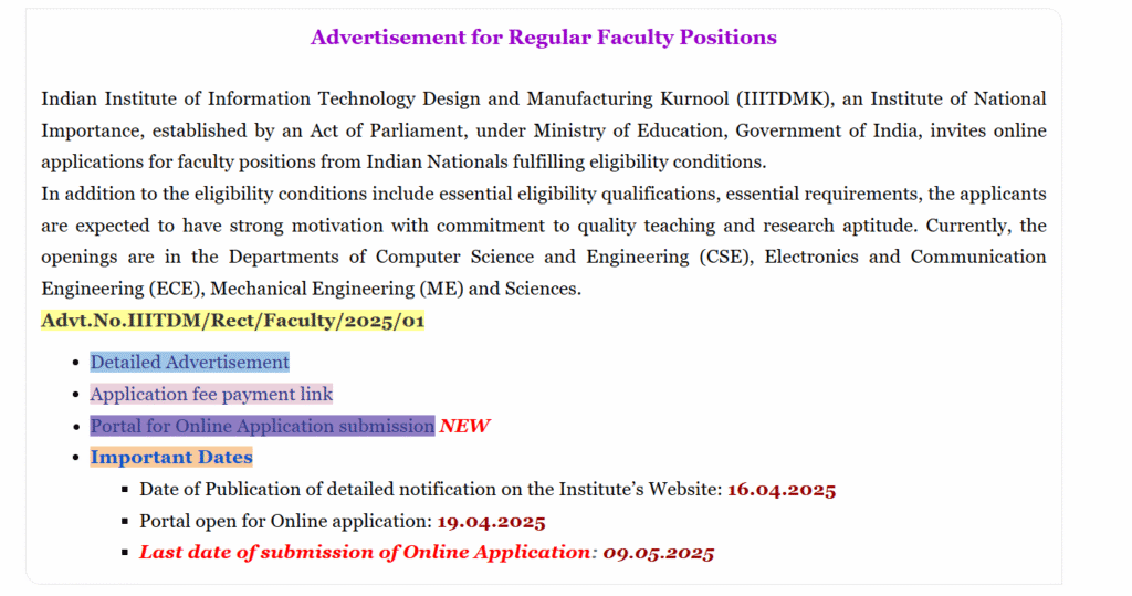 Indian Institute of Information Technology Design and Manufacturing Kurnool Faculty Openings 2025
