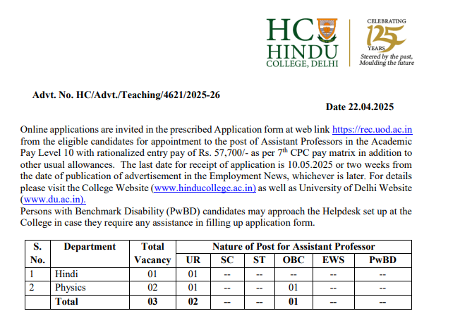 Applications of Assistant Professors at Hindu College