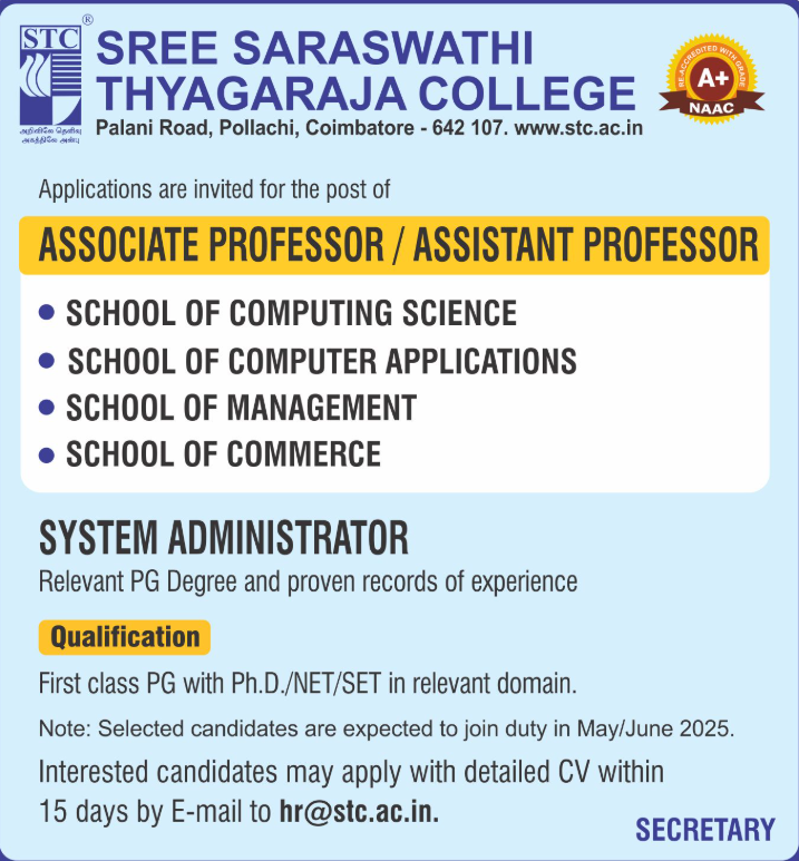Associate and Assistant Professor Positions at Sree Saraswathi Thyagaraja College