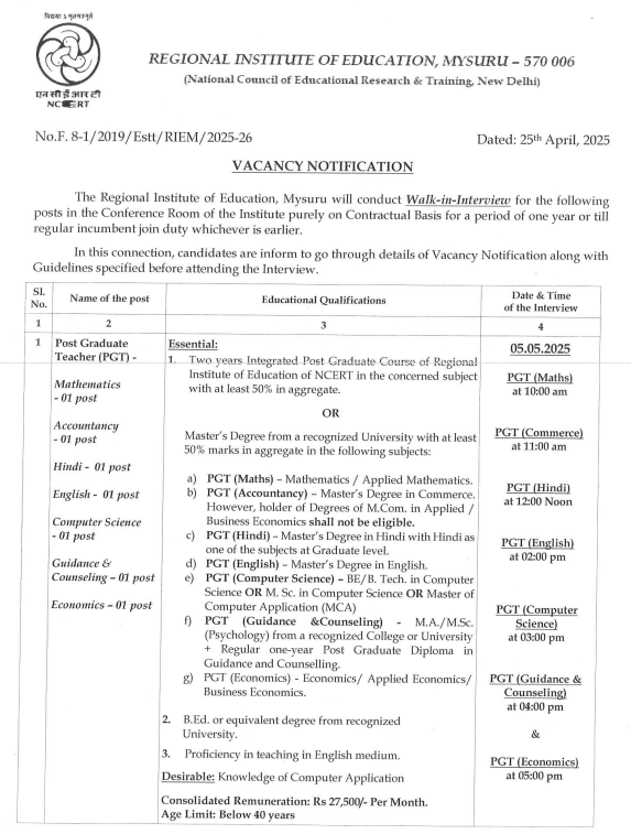 Regional Institute of Education Mysuru Wanted Teachers and Assistants