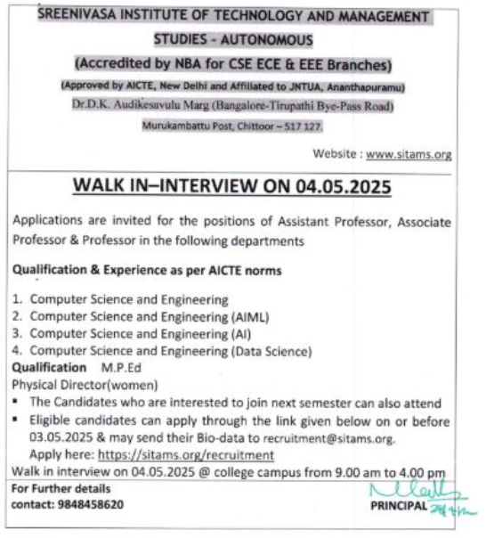 Faculty Openings 2025 at Sreenivasa Institute of Technology and Management Studies