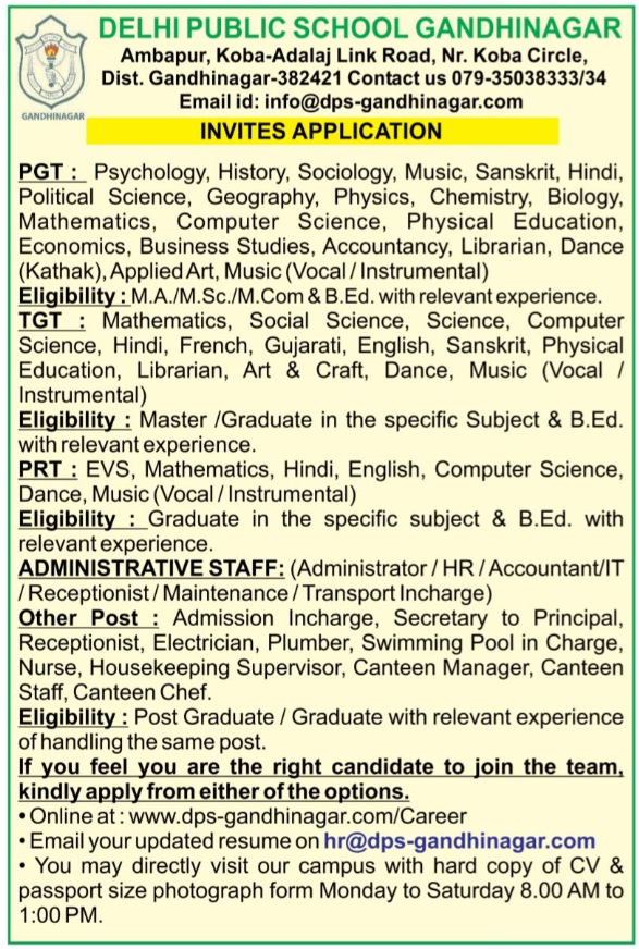 Delhi Public School Gandhinagar Faculty and Staff Recruitment