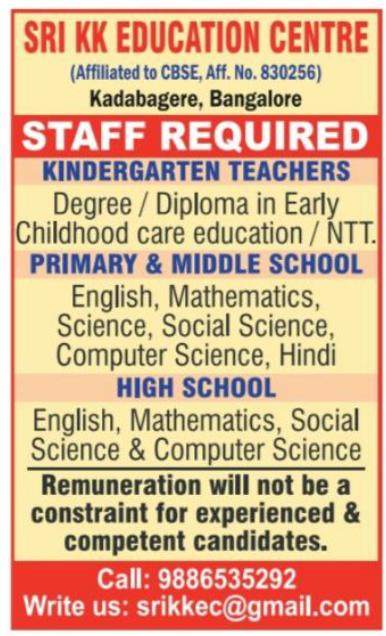 Sri KK Education Centre Bangalore Wanted Primary and Middle School Teachers