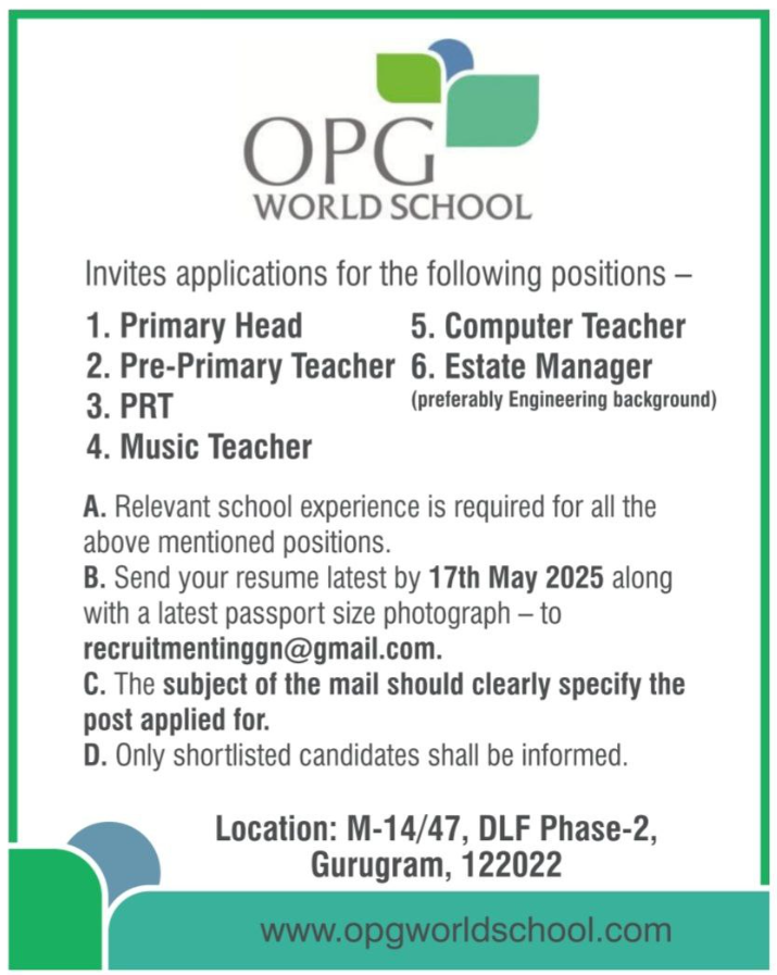 OPG World School Gurugram Invites Applications for Teaching and Administrative Positions
