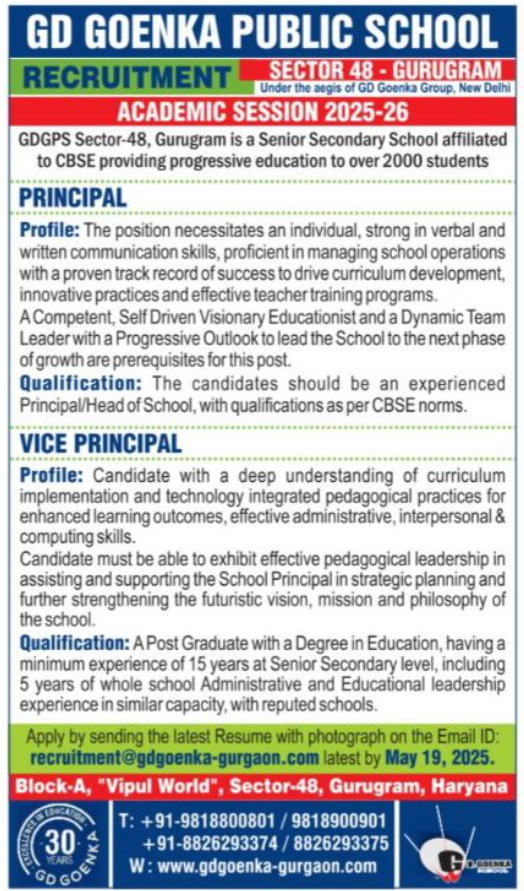 GD Goenka Public School Gurugram Vacancy for Principal and Vice Principal Positions