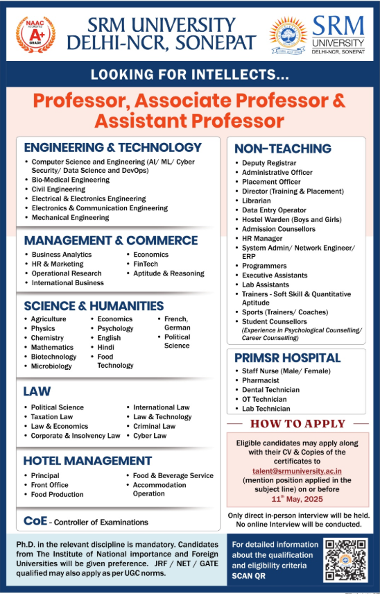 Faculty Recruitment 2025 at SRM University