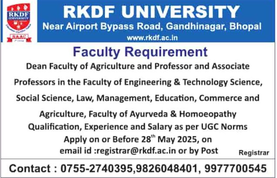 RKDF University Bhopal Announces Teaching Faculty Recruitment
