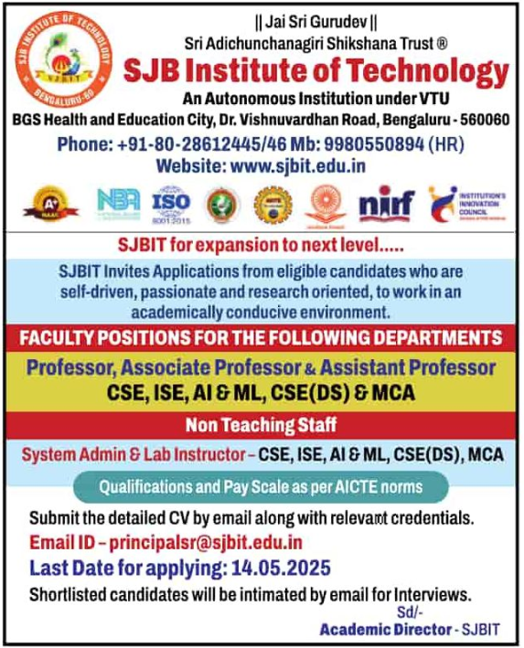 SJB Institute of Technology Bangalore Wanted Assistant Professor and System Admin