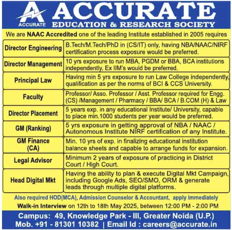 Teaching and Non-Teaching Positions at Accurate Education and Research Society