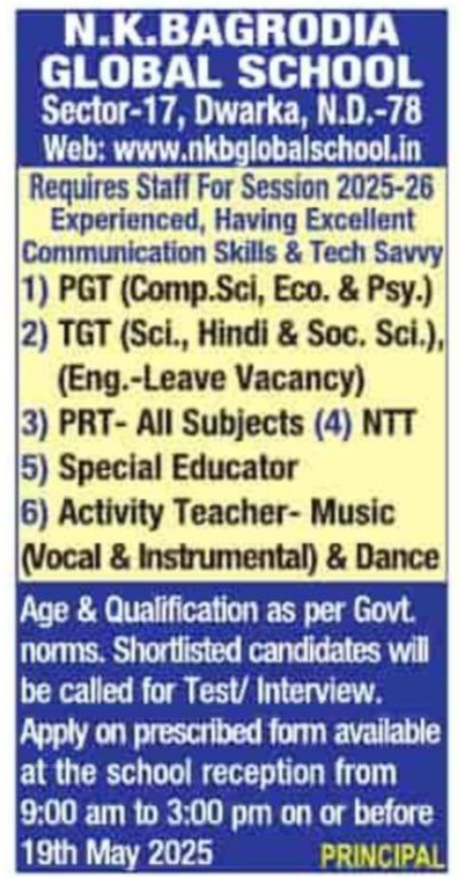 Faculty Jobs at NK Bagrodia Global School