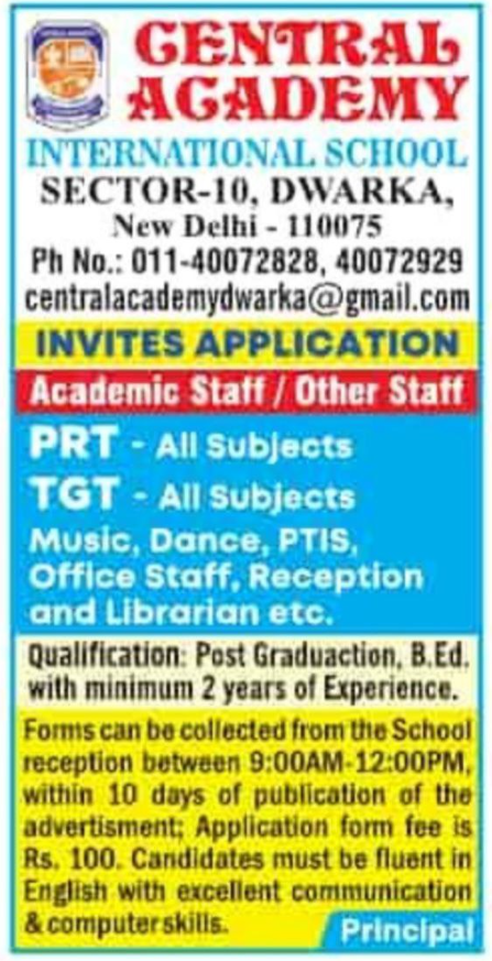 Central Academy International School Recruitment for Teaching and Non-Teaching Jobs
