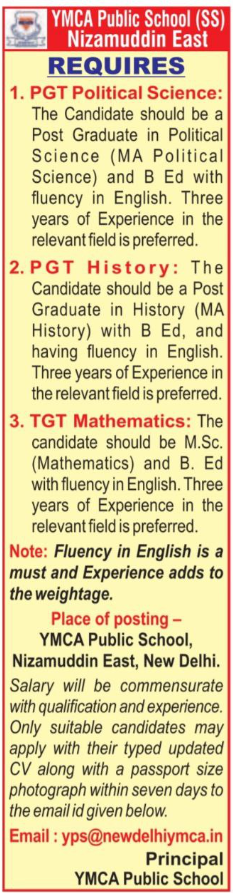 YMCA Public School Nizamuddin East Hiring for PGT and TGT Positions