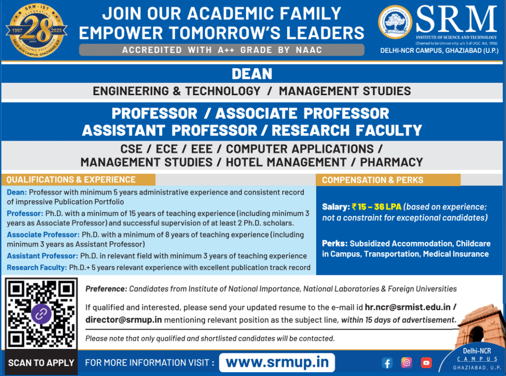 SRM Institute of Science and Technology Faculty Recruitment 2025