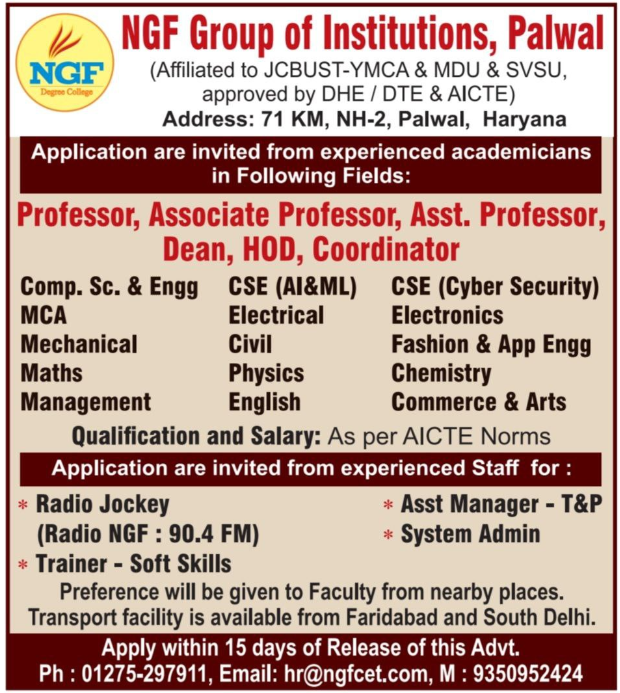 NGF Group of Institutions Palwal Invites Applications for Teaching and Administrative Positions