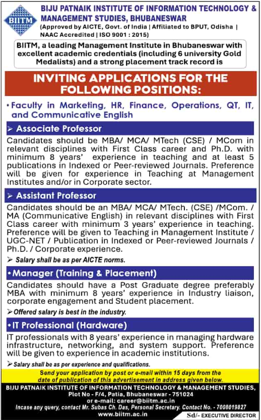 Faculty Recruitment 2025 at BIITM Bhubaneswar