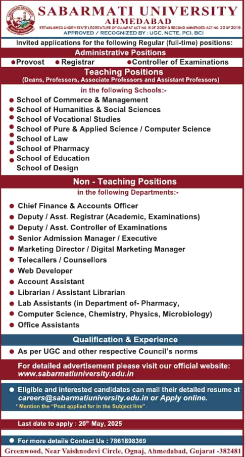 Sabarmati University Ahmedabad Faculty and Administrative Recruitment