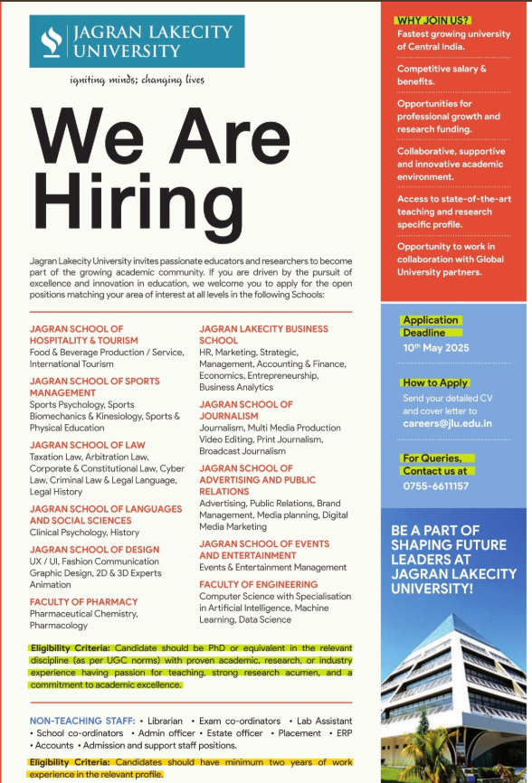 Jagran Lakecity University Bhopal Wanted Professors Associate and Assistant Professors