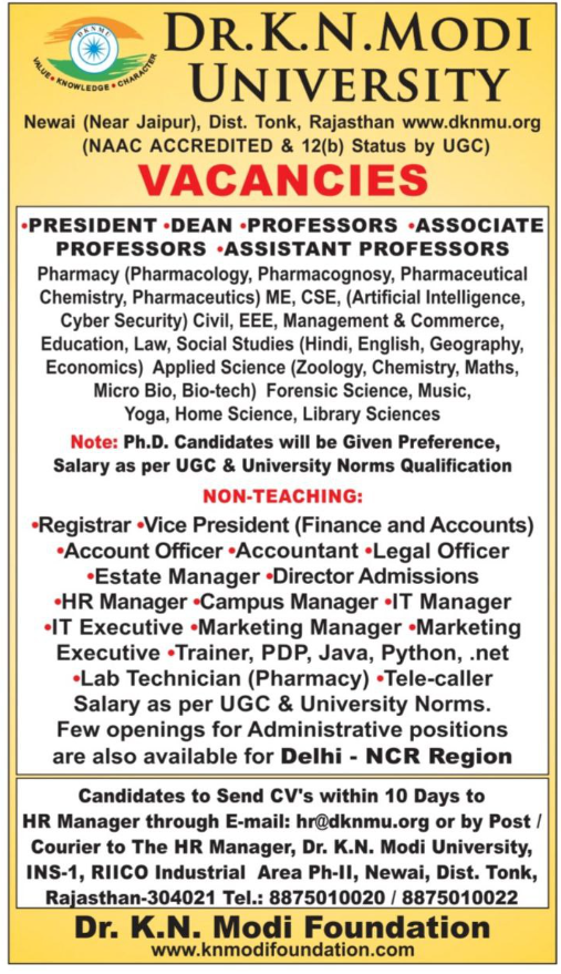Dr. K.N. Modi University Recruitment for Teaching and Non-Teaching Positions