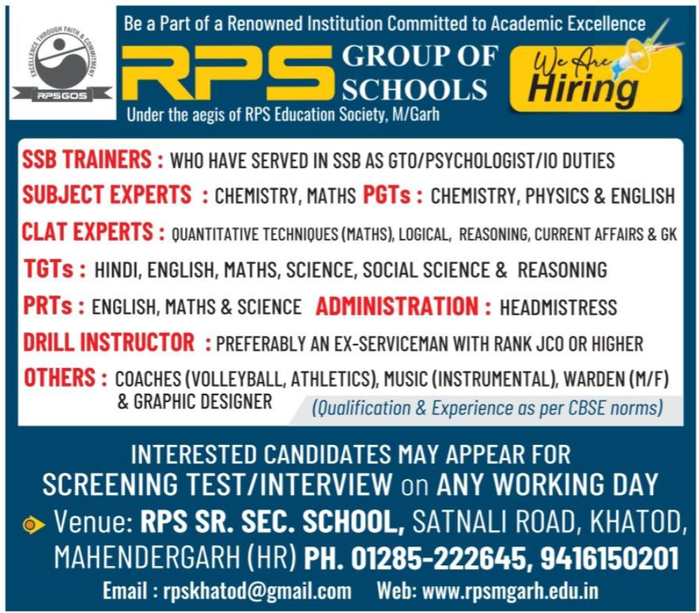 Faculty Teacher Openings at RPS Group of Schools