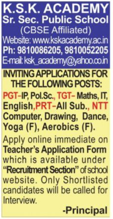KSK Academy Recruitment for PGT / TGT / PRT and NTT