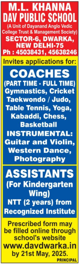 M.L. Khanna DAV Public School Wanted Coaches and Kindergarten Assistant Jobs