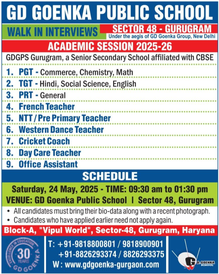 GD Goenka Public School Gurugram Walk-in Jobs 2025