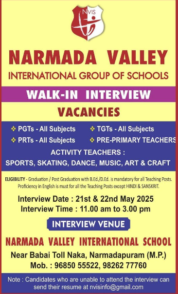 Narmada Valley International School Walk-in Interview