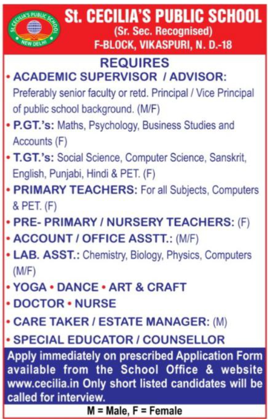St Cecilia Public School Vikaspuri Teaching and Non-Teaching Jobs