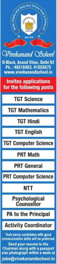 Vivekanand School Delhi Teaching and Staff Vacancies